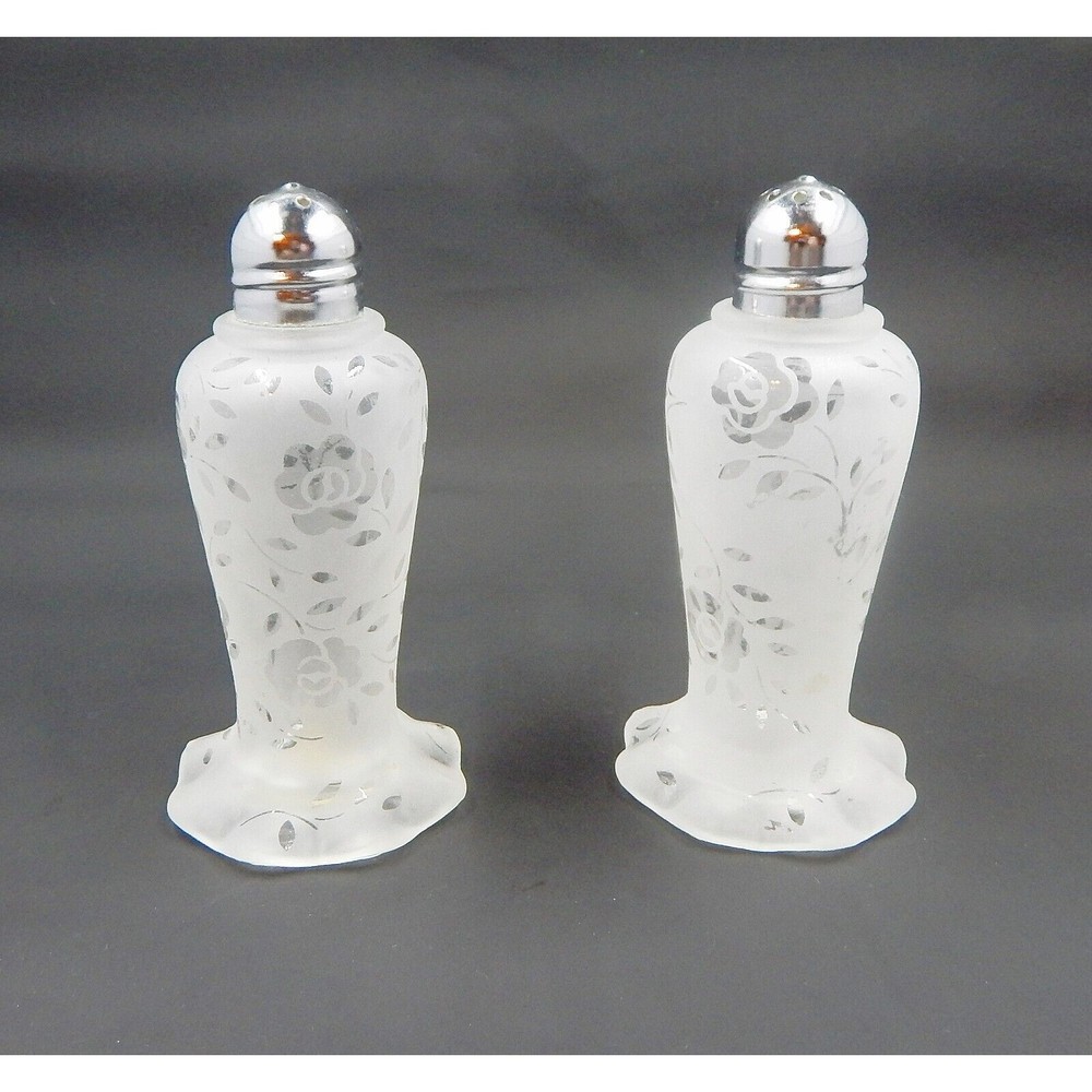 Frosted Floral Salt And Pepper Shakers Vintage Silver Caps Tops Ruffled Base